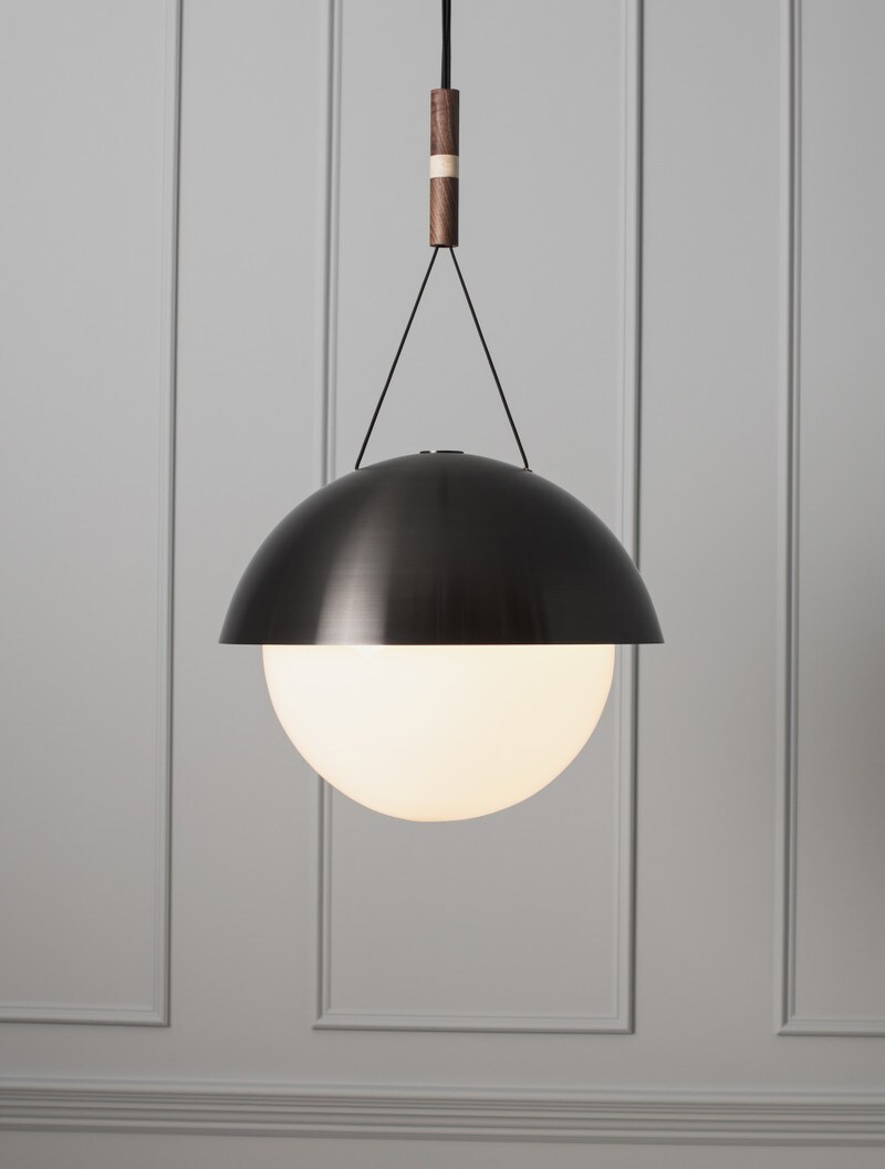 A-Frame Half Moon 20" shown in Blackened Brass, Black Walnut and American Ash, Opal Globe